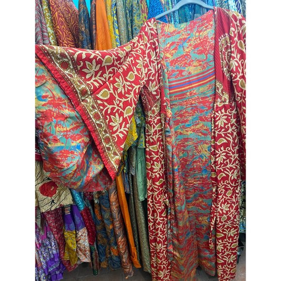 REVERSIBLE SILK DRESS Red Wrap Dress Duster Jacket Boho Hippie 100% Silk One Siz - Picture 2 of 5
